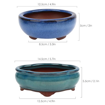 Bonsai Planter 4.9" 5.7" 2pc Small Succulent Glazed Pots + 6 Soft Mesh Drainage Screens - style: Style A&C2