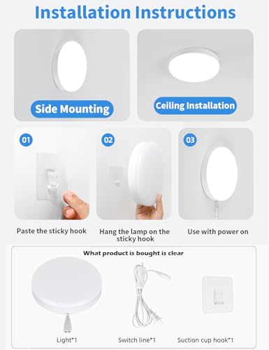2-Pack 9.8 Inch Plug-in LED Ceiling Light with Switch,Built-in LED Source,White Wall Light Flush Mount Light Fixture for Balcony Bathroom,Closet,Storage Room,Garage,Hallway,Entryway - size: 9.8 feet of power cord