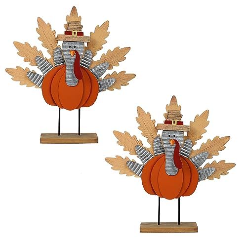 Aoutrow 2 Pack Thanksgiving Wooden Turkey Decoration, 11.3" Indoor Standing Turkey Pumpkin Decor for Home Office Bedroom Kitchen Thanksgiving Harvest Day