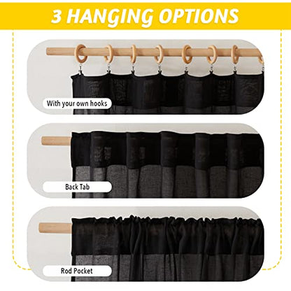 NICETOWN Black Curtains Semi Sheer Linen Texture, Rod Pocket & Back Tab Sheer Linen Blend Window Drapes Aesthetic Privacy with Light Through for Boys Bedroom/Living Room, W52 x L84, 2 Pieces - color: Black, size: 52"W x 84"L (Pack of 2)