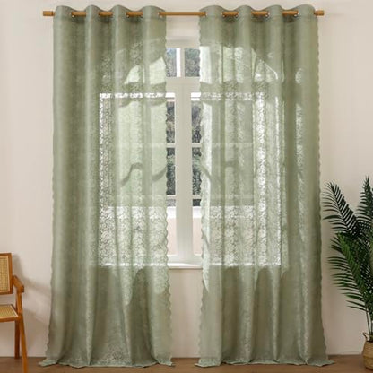 Boho Floral Lace Sheer Curtains, 52x63 Sage Green, Grommet Panels - color: Green, size: 52"W x 63"L (Pack of 2)