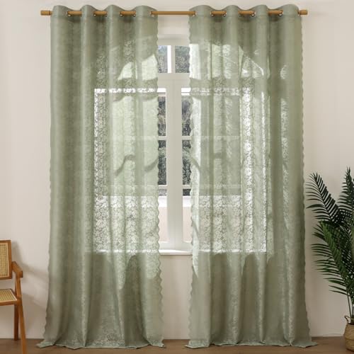 Boho Lace Sheer Curtains, 52x96 Sage Green, Grommet 2 Panels - color: Green, size: 52"W x 96"L (Pack of 2)