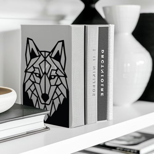 Peacoblue 5.3"x4.3"x7.5" Metal Bookends, Heavy Duty Book Ends for Shelves - style: Geometric Wolf Head
