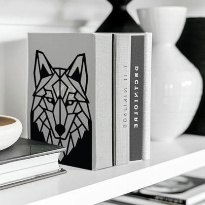 Peacoblue 5.3"x4.3"x7.5" Metal Bookends, Heavy Duty Book Ends for Shelves - style: Geometric Wolf Head
