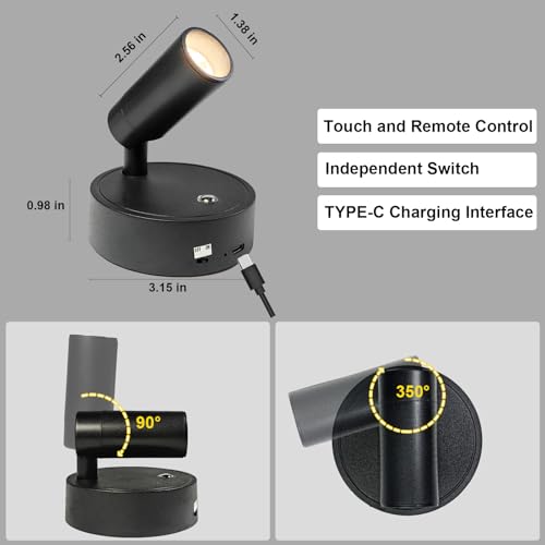 Black 2 Pack Dimmable LED Lights for Bedroom - Battery Wall Light with 3 Lighting Colors, 350° Rotate, Magnetic and USB Rechargeable Wireless Wall Lights with Remote