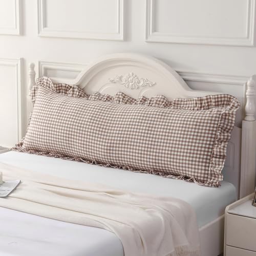 Silnuo Taupe/White Plaid Gingham Ruffled Body Pillow Cover 20"x54" - color: Taupe Plaid, size: Body Pillow (20" x 54") - 1 Piece