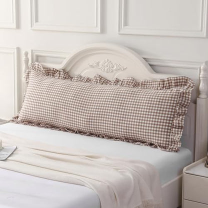 Silnuo Taupe/White Plaid Gingham Ruffled Body Pillow Cover 20"x54" - color: Taupe Plaid, size: Body Pillow (20" x 54") - 1 Piece