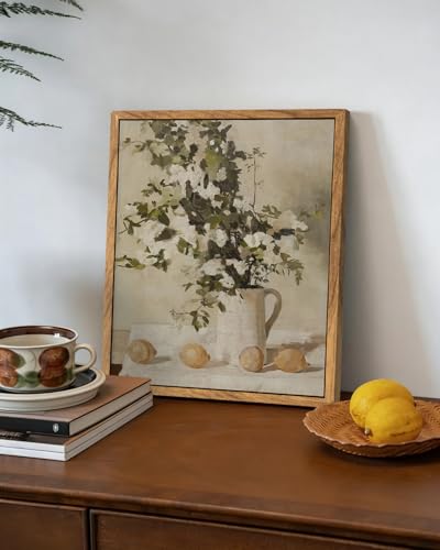 ElfLuna Wood Framed Canvas, Retro Lemon Floral Still Life Print - color: Flowers and Lemons, size: 10"L x 8"W