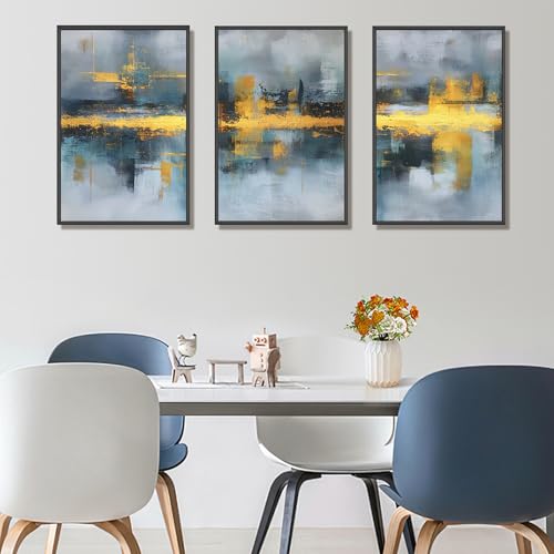 Blue and Gold Abstract Wall Art Set of 3, Modern Framed Canvas Wall Art 16x24 Inch, Luxury Abstract Landscape Wall Painting for Living Room Bedroom Office, Metal Frame Ready to Hang - color: Metallic Waterscapes, size: 16"L x 24"W