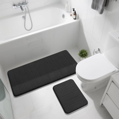 Yimobra Large Memory Foam Bathroom Mat Set, 44 x 24 & 24 x 17 in, Black - color: Black, size: 44x24+24x17 Inch