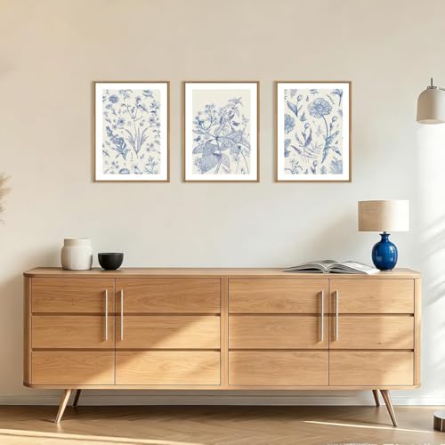 KAIRNE Blue White Chinoiserie Floral Framed Canvas Wall Art Set-24"x36"x3 - color: Classic Chinoiserie Wall Art, size: 12"L x 16"W