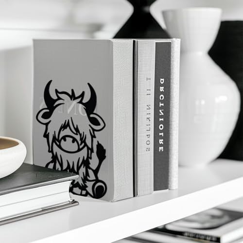 Peacoblue 5.3"x4.3"x6.5" Metal Bookends, Heavy Duty Book Ends for Shelves - style: Highland Cattle