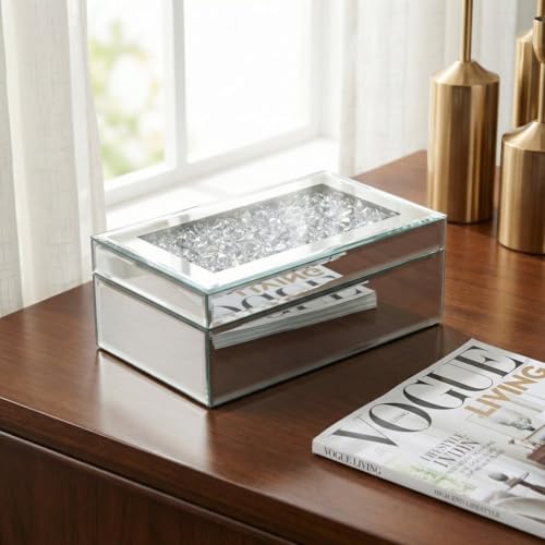 Luxury Silver Crushed Diamond Glass Mirrored Jewelry Organizer Box Storage - color: silver diamond