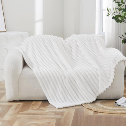 Taliska Ribbed Fleece Throw Blanket for Bed, White, 90"x90" - color: White, size: Throw(90"x90")