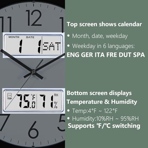 Nbdeal 13-Inch Analog Silent Wall Clock with Calendar Temperature & Humidity (White) - color: White