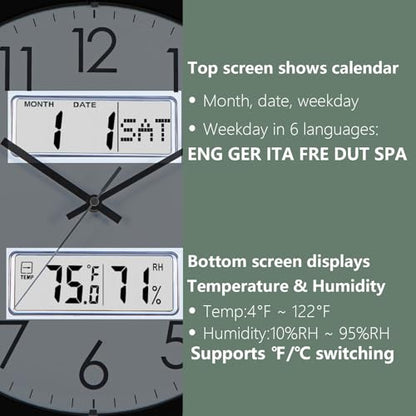 Nbdeal 13-Inch Analog Silent Wall Clock with Calendar Temperature & Humidity (White) - color: White