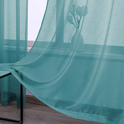 DONREN 108 Inch Sheer Curtains Grommet 2 Panel Faux Linen Voile Drapes Textured Sheer Curtains for Living Room Bedroom,Teal Blue - color: Teal, size: 52"W x 108"L (Pack of 2)