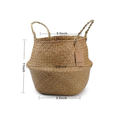 DOKOT Seagrass Plant Basket with Handles, Wicker Woven Storage Basket, 9.5inch Diameter x 11inch Height - size: L(9.5" D x 11" H)