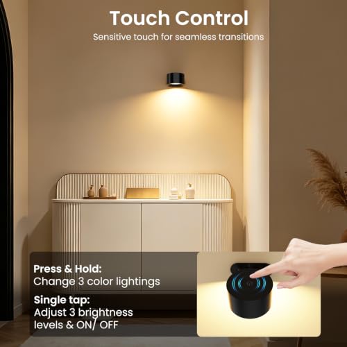 Koopala LED Reading Lights, Wall Mounted Sconces with 3 Color Temperatures & 3 Brightness Levels Rechargeable Battery Magnetic Ball 360°Rotation Touch Control, Lamps for Kids Study Bedside Closet - color: Black-A