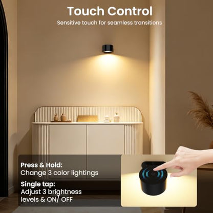 Koopala LED Reading Lights, Wall Mounted Sconces with 3 Color Temperatures & 3 Brightness Levels Rechargeable Battery Magnetic Ball 360°Rotation Touch Control, Lamps for Kids Study Bedside Closet - color: Black-A