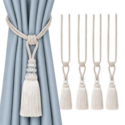 BEL AVENIR 4 Pack Curtain Tiebacks Hand-Woven Holdbacks Tassels Tiebacks - color: Beige, size: 4 Pack