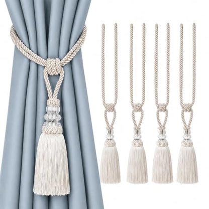 BEL AVENIR 4 Pack Curtain Tiebacks Hand-Woven Holdbacks Tassels Tiebacks - color: Beige, size: 4 Pack