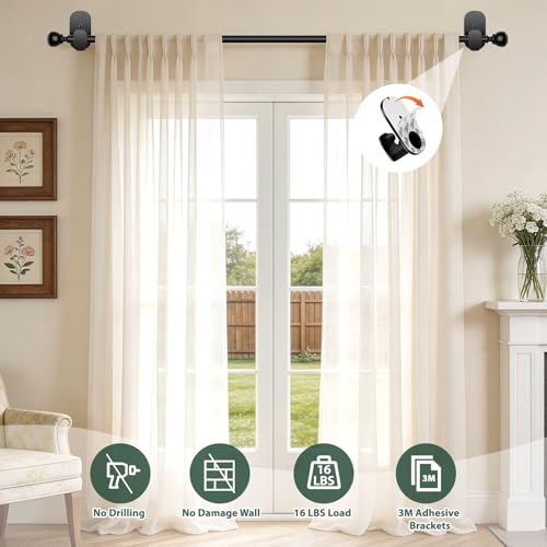 USFOOK Black Curtain Rods No Drilling 32 to 58 Inch, Adhesive Window Rod - color: Black, size: 32-58"
