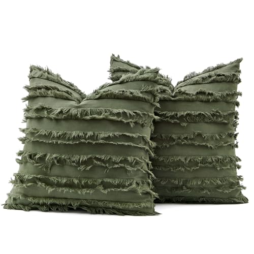 MIULEE Boho Linen Striped Throw Pillow Covers 18x18, Dark Olive Green - color: Dark Olive Green, size: 18" x 18" (Pack of 2)