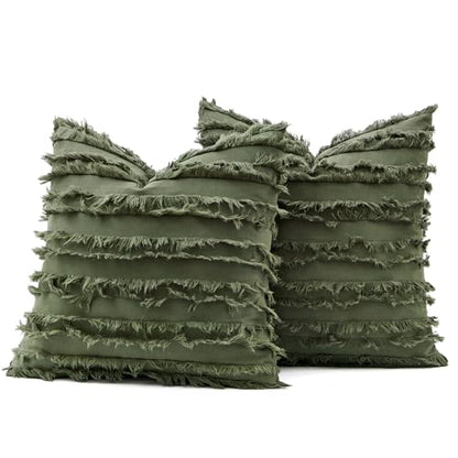MIULEE Boho Linen Striped Throw Pillow Covers 20x20, Dark Olive Green - color: Dark Olive Green, size: 20" x 20" (Pack of 2)