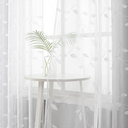 Tollpiz White Leaf Sheer Tier Curtain Kitchen 30 x 36 Inches - color: White, size: 30"W x 36"L (Pack of 2)