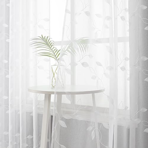 Tollpiz White Leaf Sheer Curtains Bedroom 54 x 84 Inches - color: White, size: 54"W x 84"L (Pack of 2)