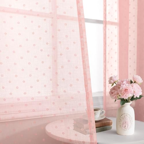 Light Pink Polka Dots Sheer Curtains 54 Inch for Girls Room Lightweight - color: Pink, size: 52"W x 54"L (Pack of 2)
