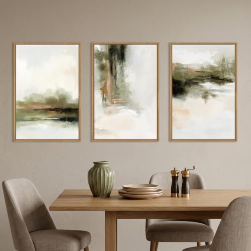 KAIRNE Green Brown Abstract Neutral Framed Canvas Wall Art Set-16"x24"x3 - color: Green Abstract Wall Art, size: 16"L x 24"W