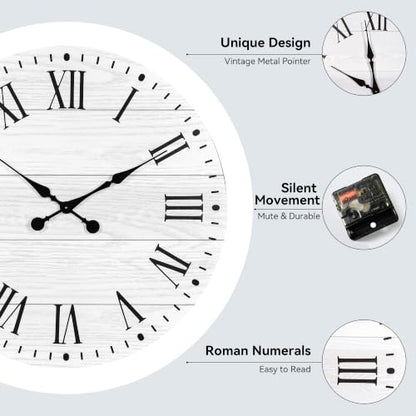 Large Wall Clock with Roman Numeral, 24” Shiplap Farmhouse Clock - color: White, size: 24 Inch
