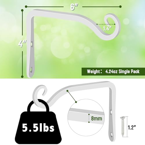 FEED GARDEN Heavy Duty Plant Hooks - 2 Pack 6 Inch Wall Mounted Hanging Brackets, 44lb Capacity Steel Plant Hangers for Bird Feeders, Baskets, Wind Chimes - White - color: White, size: 6 Inch