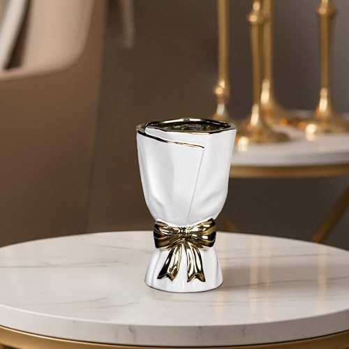 White Ceramic Vase with Bow, 7 Inch Small - color: White, size: 7 inch