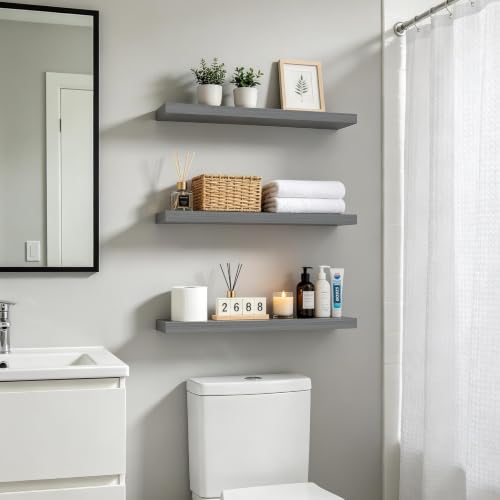 BAYKA Grey Floating Shelves 22.5in, Set of 3, Wall Mount Rustic Wood Shelf - color: F. Grey - Industrial Edge Style, size: 22.5inches