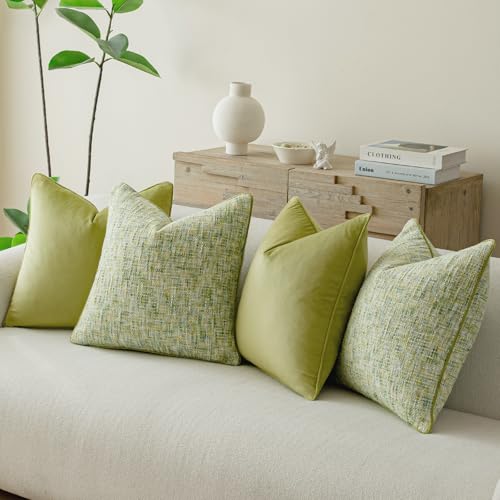 a moment Green 4 Pack Throw Pillow Covers - Chenille & Velvet Set with Piping, Farmhouse Textured Design Pillow Cases for Couch Sofa Bed Livingroom (18x18 Inch, No Insert) - color: Green, size: 18" x 18" (Pack of 4)