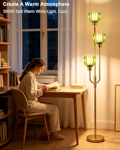 Modern Glass Floor Lamp 66IN 3-Light Green Glass Gold Dimmable Floor Lamps - color: Green Lotus-Gold