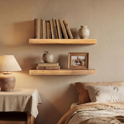 24 Inch Live Edge Floating Shelves Set of 2, Solid Elm Wood Ledge - color: Artisan Natural, size: 24 Inch | 2 Pack