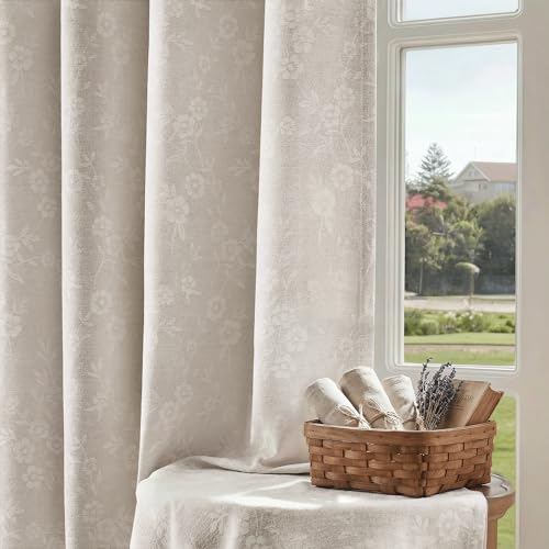 Beauoop Cream Floral Jacquard Blackout Curtains for Bedroom 52x63 2 Panels - color: Cream, size: 52"W x 63"L (Pack of 2)