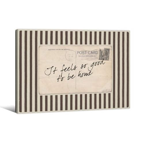 Vintage Postcard Wall Art - It Feels So Good to Be Home Striped Typography Cozy Sentimental Canvas Decor Neutral Rustic Retro Home Quote Poster Brown Ready to hang 8x10in Wrapped Framed - color: Postcard Wall Art, size: 10"L x 8"W, style: Wrapped Canvas