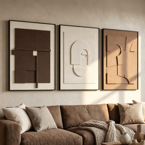AMAATE 3Pcs 3D Sandstone Relief Wall Art, Black Frame Geometric Decor | 3D sandstone relief, neutral brown-white tones, slim black metal frame, geometric triptych wall decor for home & office - color: Brown-White, size: 16" x 24" inch