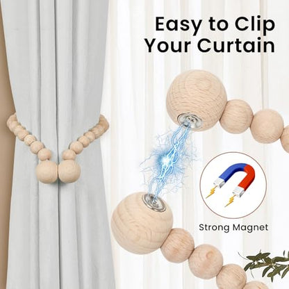 KLOGTSIND Magnetic Curtain Tiebacks, 2 Pack Wood Bead Curtain Holdbacks - color: Beechwood