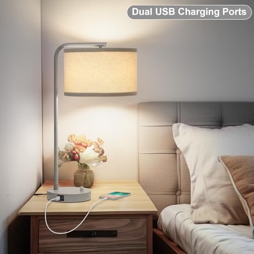 25" Tall Table Lamp with USB C+A Ports, Fully Dimmable Nightstand Lamp - color: Gray