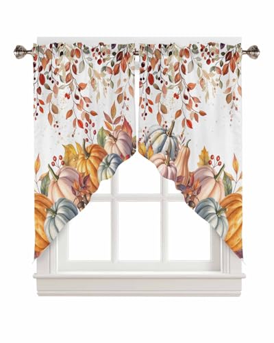 Fall Orange Pumpkin Swag Valances Kitchen Curtains 36 Inches Length,Thanksgiving Watercolor Eucalyptus Tier Drapes Swag Topper,Autumn Leaves Floral Short Window Treatment for Window 2 Panels 28"x36" - color: Orange Brown, size: 28"W x 36"L (Pack of 2)