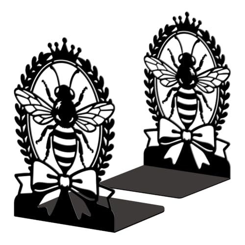 Peacoblue 5.3"x4.3"x7.9" Metal Bookends, Heavy Duty Book Ends for Shelves - style: Bee with Laurel Wreath