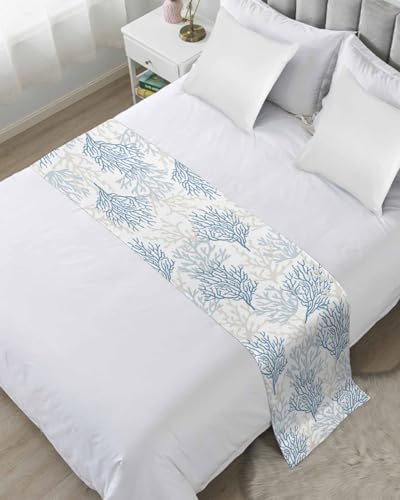 DecorLovee Blue Grey Coral Coastal Bed Runners for King Size Bed, Summer Beach Decorative Bed Throws for Foot of Bed, Nautical Bed Runner Sofa Throw Bedding Scarf Protector Slipcover for Bedroom - color: Blue Grey Coral, size: 94"x20" for King Bed