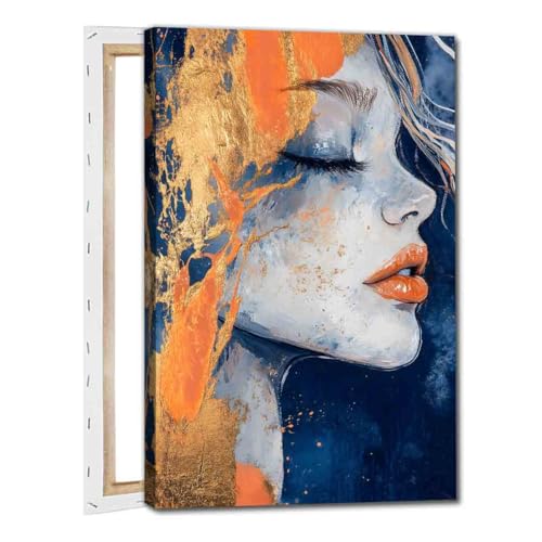 Orange Blue Wall Art Abstract Face Painting Navy Blue Pictures Gold Orange Abstract Wall Art Girl Portrait Canvas Gold Foil Artwork Girl Posters Face Modern Living Room Decor 16x24in Framed - color: Orange Blue, size: 24"L x 16"W