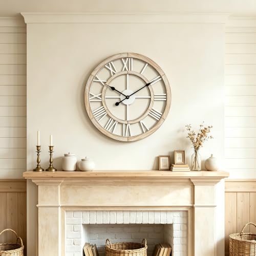 24 Inch Large Rustic Wall Clock Silent Non-Ticking Wooden Wall Clocks with Roman Numerals Farmhouse Decorative Clock for Living Room Bedroom Office (Light Lvory) - color: Light Lvory, size: 24 Inch